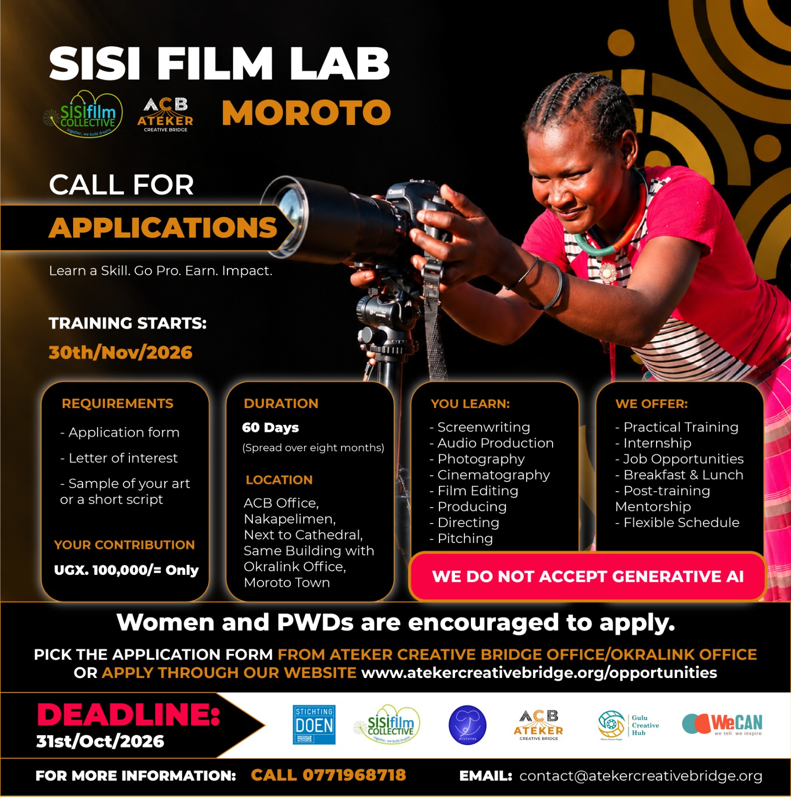 Sisi Film Lab × Ateker Creative Bridge — Film Training Programme 2026 flyer